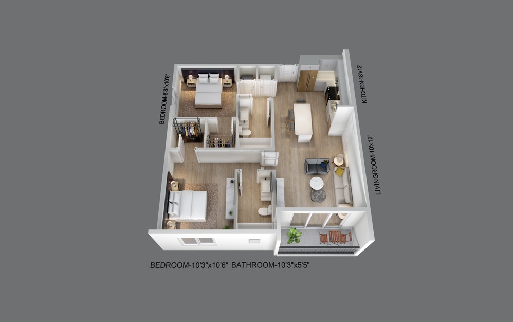 Pier - 2 bedroom floorplan layout with 2 baths and 838 square feet.