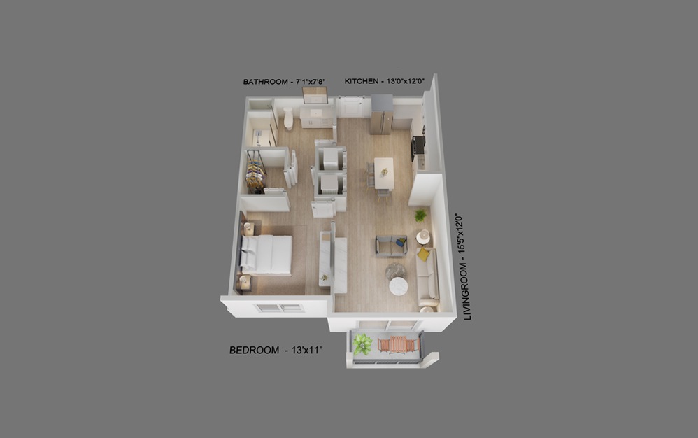 Mariner - 1 bedroom floorplan layout with 1 bath and 650 square feet.