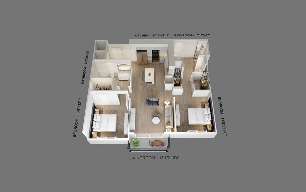 Navy - 2 bedroom floorplan layout with 2 baths and 1011 square feet.
