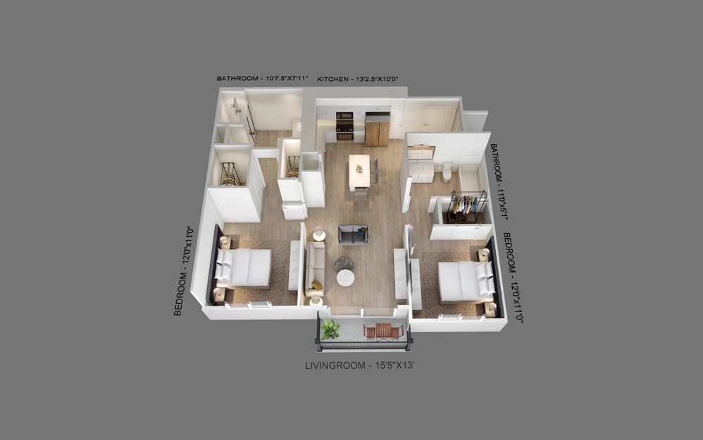 Tide - 2 bedroom floorplan layout with 2 baths and 1024 square feet.