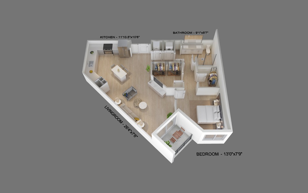 Wave - 1 bedroom floorplan layout with 1 bath and 824 square feet.
