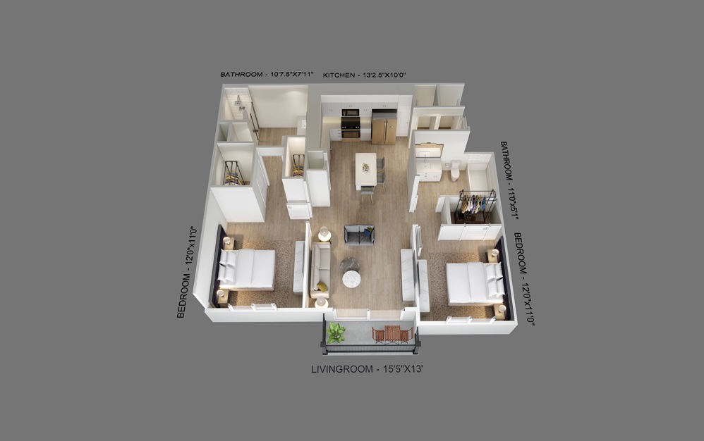 Coastal - 2 bedroom floorplan layout with 2 baths and 1000 square feet.